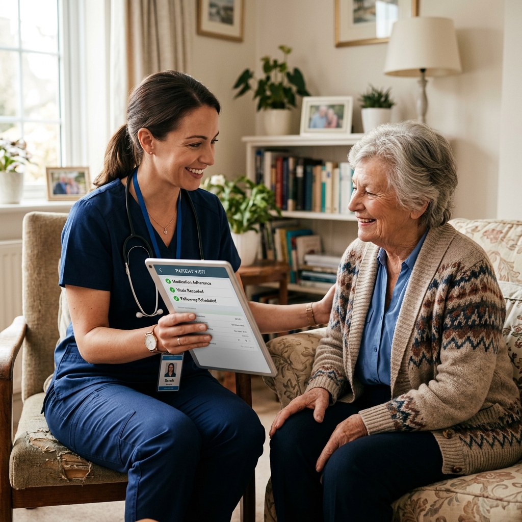 Home health nurse using F2F AI on a tablet with an elderly patient